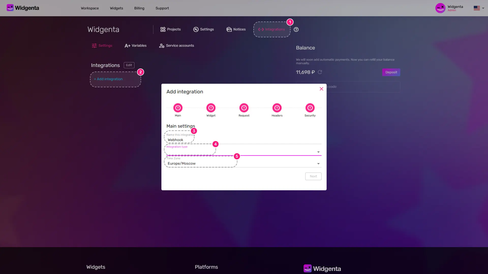 Adding integration with a webhook in Widgenta