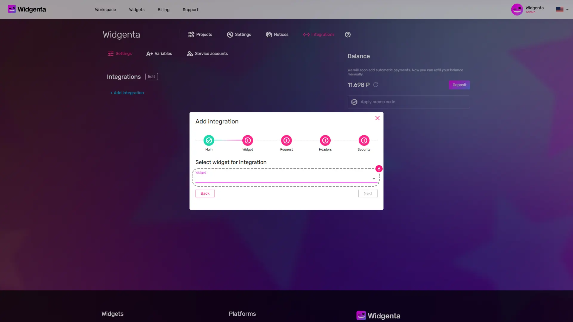 Choosing a widget for transmitting leads via a webhook