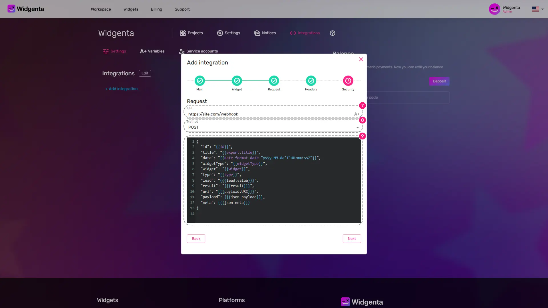 The widgets webhook parameters