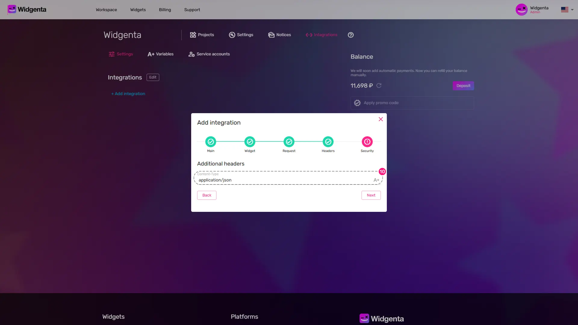 Configuring webhook Widgenta headers