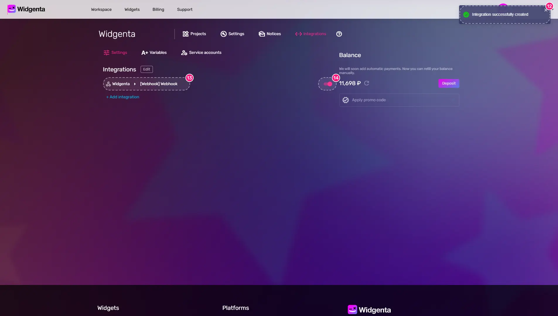 Integration of Webhook Widgenta in the list of integrations in the user's workspace